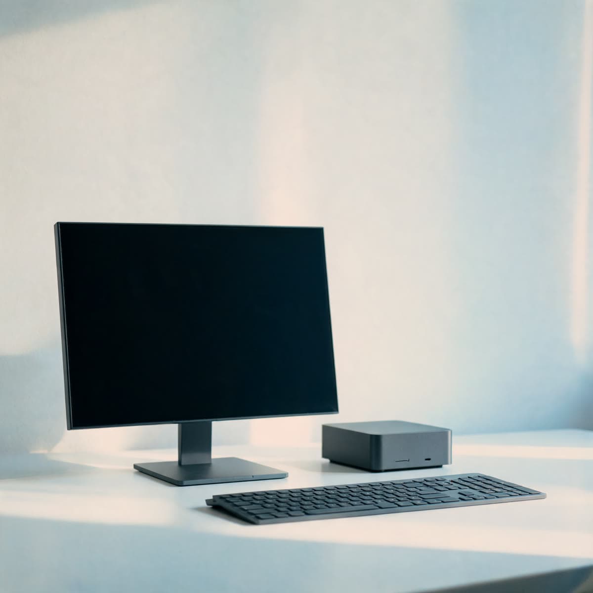Aufgeräumter Schreibtisch mit Monitor, kompaktem Rechner und Tastatur