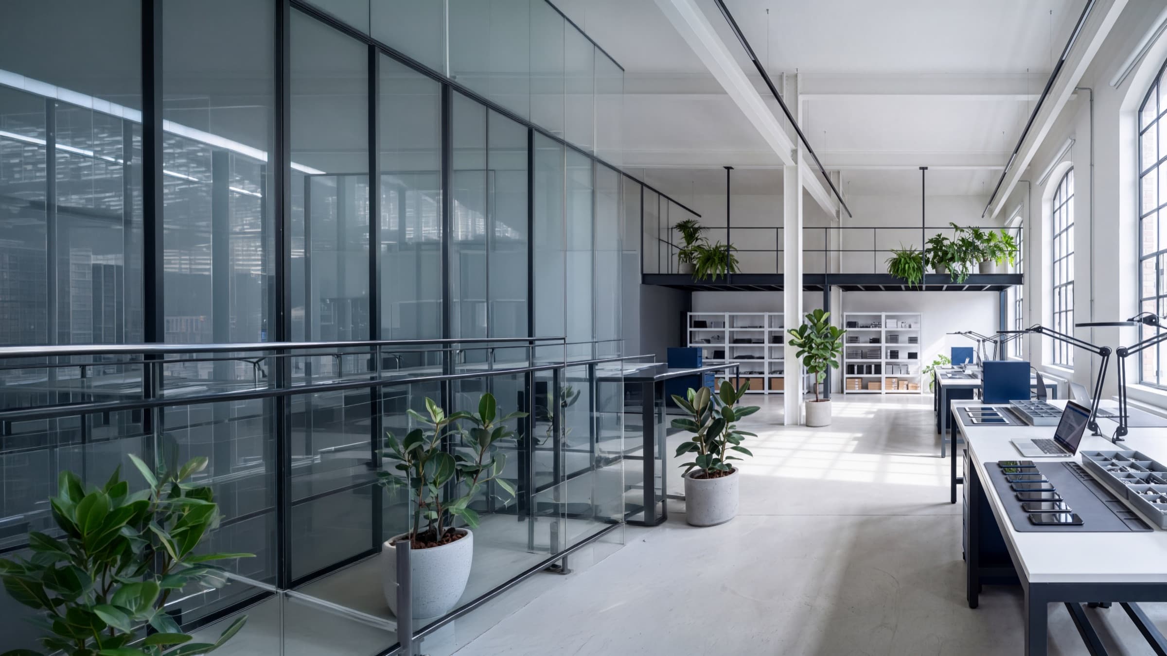 Heller Loft-Arbeitsraum von Restartables: eine Reihe Schreibtische mit Bildschirmen unter Betondecke, Zwischengeschoss mit Pflanzen und hohem Sprossenfenster